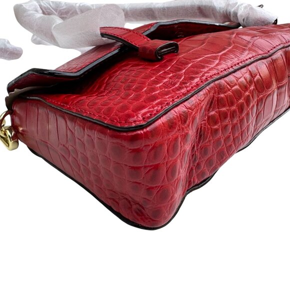 Frances Valentine Red Croc-Embossed Leather Shoulder Bag Long Strap Snap Closure - Picture 3 of 15